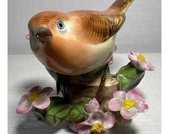 Herend Hungary Handpainted Porcelain Bird Figurine Pink Flowers
