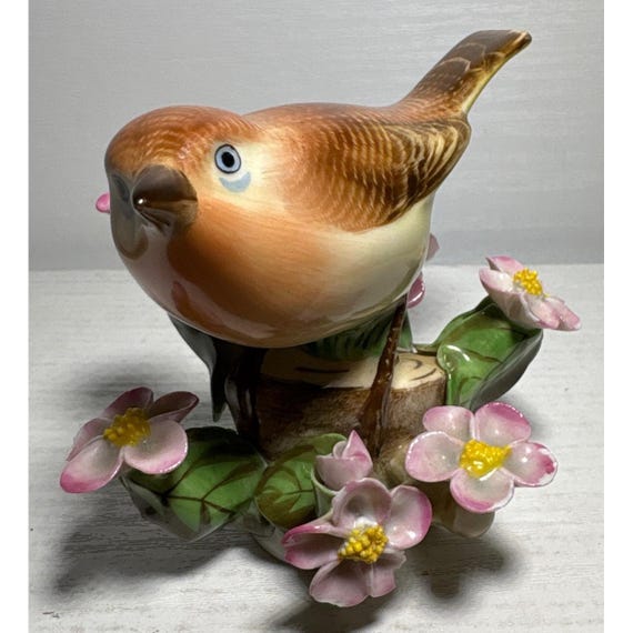 Herend Hungary Handpainted Porcelain Bird Figurine Pink Flowers