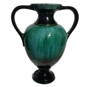 Jarrón de cerámica Blue Mountain con doble asa, esmaltado verde, 30 cm, vintage, MCM, Canadá