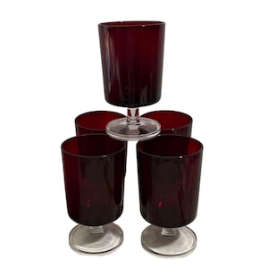 Set Of 5 Vintage Ruby Red Wine Glasses With Clear Pedestal Base