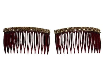 Vintage Mid Century Hair Combs Gold & Rhinestone Detail Accents Elegant Pair