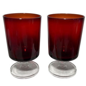 Vintage French Ruby Red Stemmed Glasses Set Of 2 With Clear Bases