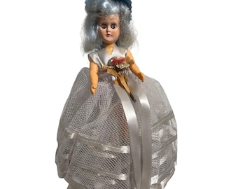 A & H Doll Vintage 1950's Blue Hair Silver Dress Clear Plastic Dome 6.5" Sleepy Eyes