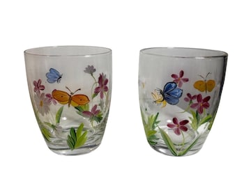 Glazen bekers met bloemen en vlinders, handgeschilderde set van 2, tuinfeest van 4,25" hoog
