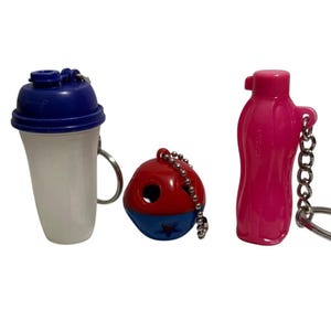 Puede incluir: Tres llaveros de plástico en miniatura: un agitador blanco y azul, una bola roja y azul con una estrella y una botella de agua rosa. Cada llavero tiene un anillo o cadena de metal plateado para sujetar.