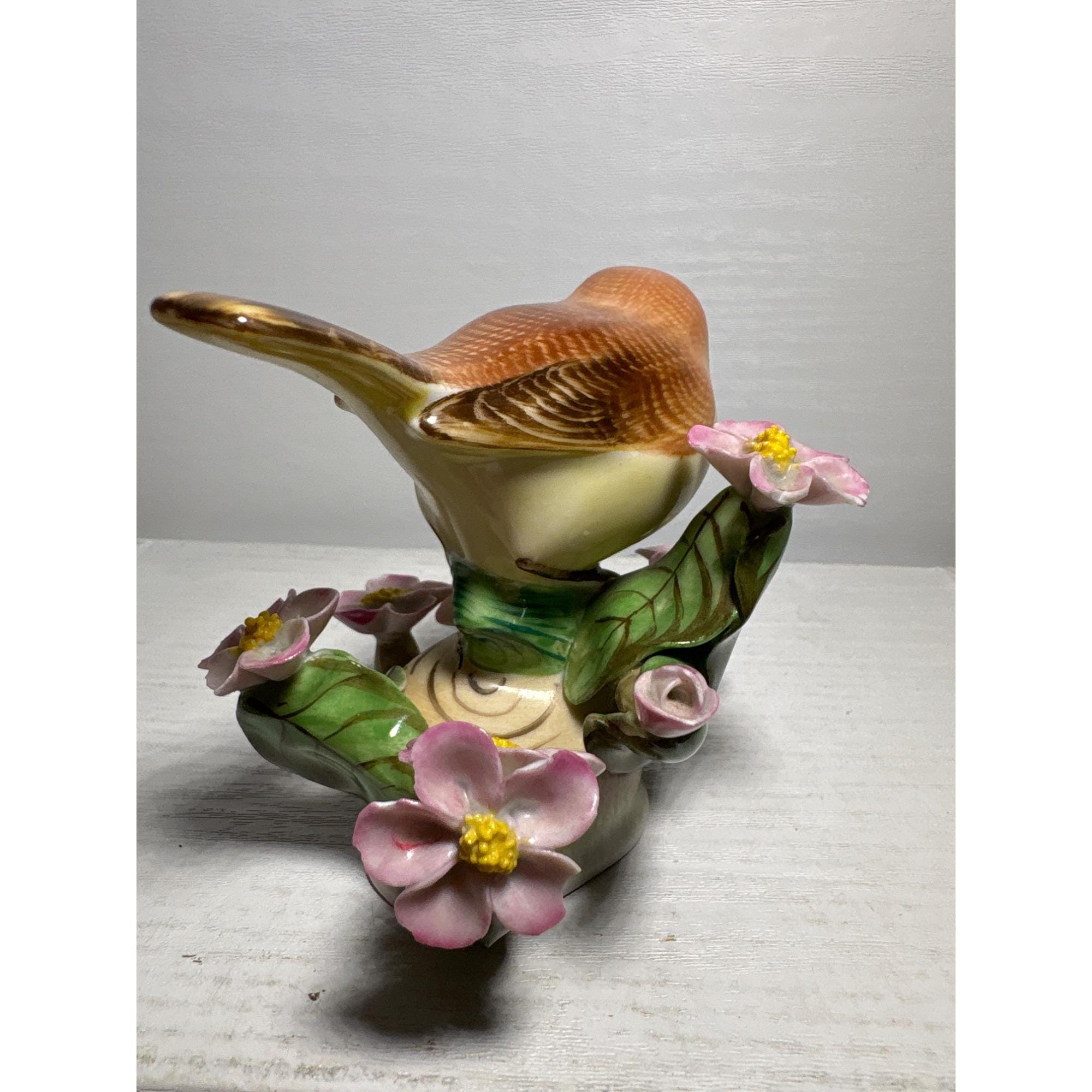 Herend Hungary Handpainted Porcelain Bird Figurine Pink Flowers