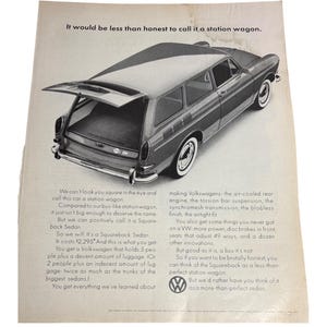 May include: Black and white advertisement for a Volkswagen Squareback sedan. The car is shown with the rear hatch open. Text in the ad discusses the car's features and compares it to a station wagon.