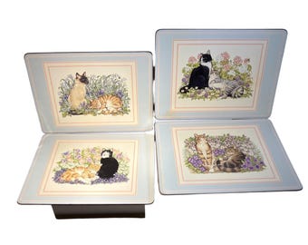 Pimpernel Garden Cats Placemats Cork Backing Set Of 4 With Original Box 12 x 9"
