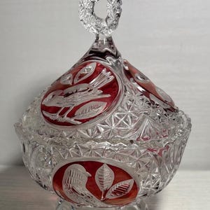 Hofbauer Byrdes Crystal Candy Dish With Lid Red Etched Bird Design 7&quot; Tall