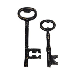 May include: Two antique-style keys with a distressed black finish and gold accents. The keys have ornate keyholes and stems, suggesting a vintage or decorative theme. One key is larger than the other.