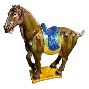 Hand-Painted Ceramic Horse Figurine With Saddle & Bells 8&quot; Tall