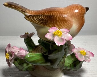 Herend Hungary Handpainted Porcelain Bird Figurine Pink Flowers