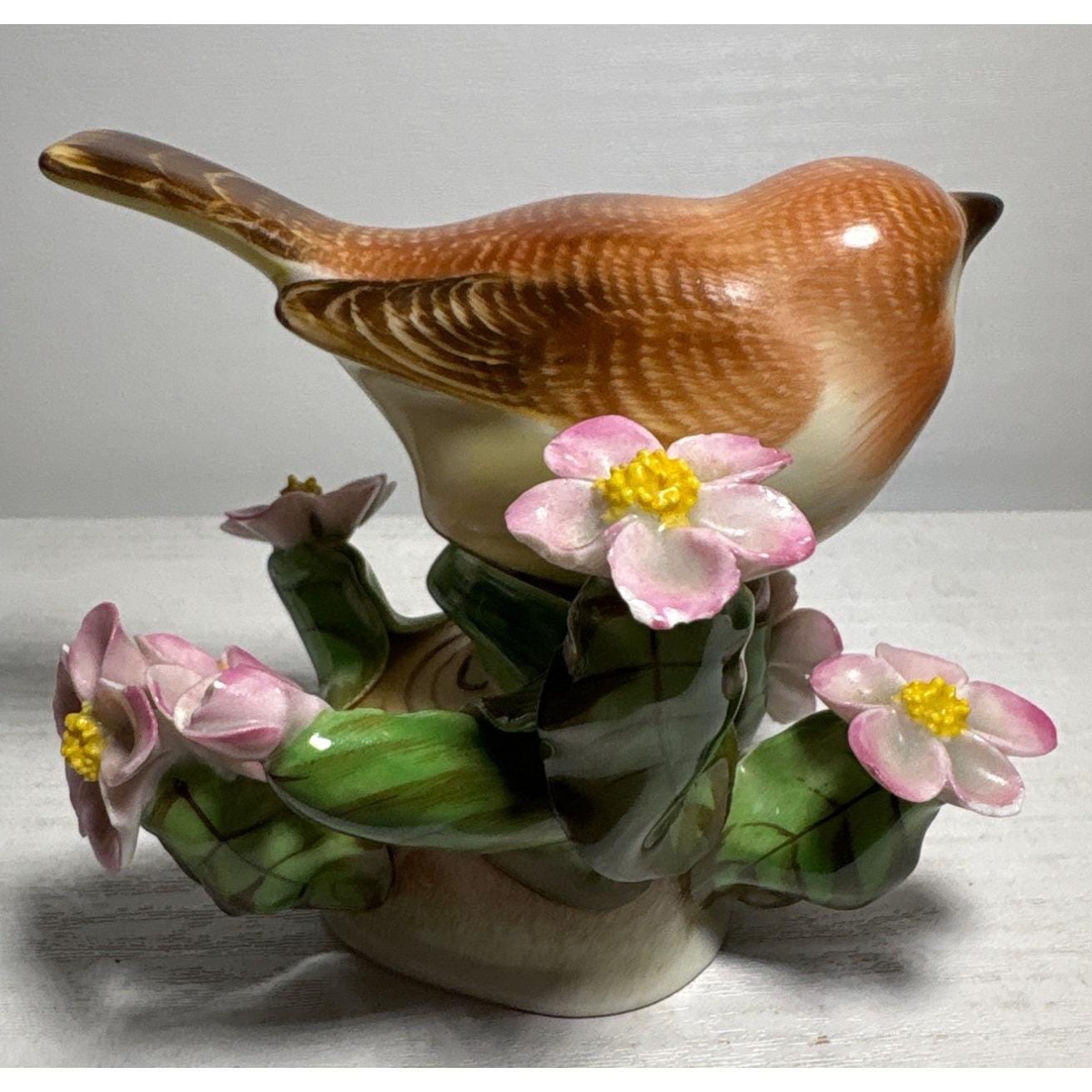 Herend Hungary Handpainted Porcelain Bird Figurine Pink Flowers