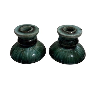 Blue Mountain Pottery ljusstake set grön svart droppglasyr 2,75" MCM