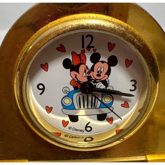 Disney Mickey & Minnie Driving Gold Metal Miniature Desk Clock