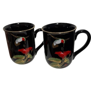 Otagiri Hummingbird & Flowers Mug Black Ceramic Set Of 2 Japan