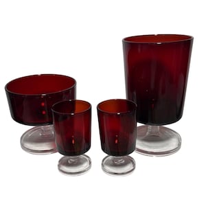 Vintage Ruby Red Pedestal Glassware Set Of 4 - Goblet Sherbet Dish 2 ShotGlasses