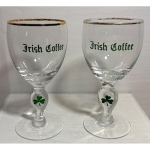 Set Of 2 Vintage Irish Coffee Glasses With Gold Rim & Shamrock Design on Stem