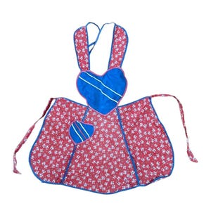 Vintage Kids Red Blue Bells Print Apron Heart-Shaped Details Adjustable Ties