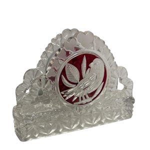 Servilletero de cristal Hofbauer Byrdes con letras, diseño de pájaros y flores, estilo vintage, transparente, rojo rubí