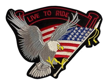 Live To Ride Eagle & American Flag Iron-On Patch Large Embroidered Motorcycle