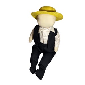 Amish Inspired Cloth Rag Doll Faceless Hat Black Vest Pants Suspenders 19&quot; Folk
