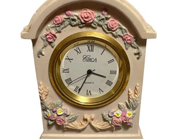 Vintage Circa Quartz Ceramic Floral Mantel Desk Miniature Clock Quartz Floral 3&quot;