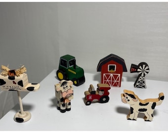 Wooden Farm Animal & Vehicle Figurine Set Handcrafted Tole Set of 7