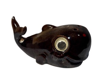 Redware Salt Shaker Ceramic Whale Shaped Brown Drip Glaze Googley Eyes 4"