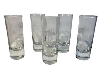 Yellowstone National Park Etched Wildlife Shot Glasses Moose Bear Bison Lot of 5