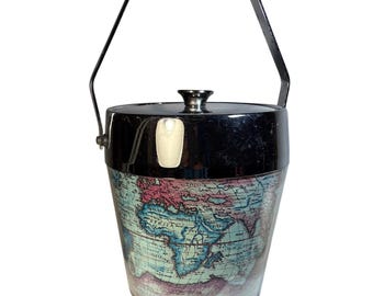 Vintage Old World Map Themed Ice Bucket With Lid & Handle Stainless Steel Barware