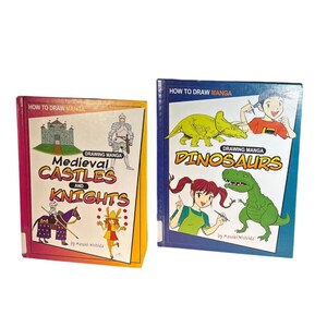Puede incluir: Dos libros de instrucciones How to Draw Manga. El libro de la izquierda tiene una portada amarilla y roja titulada Medieval Castles and Knights con ilustraciones de un castillo, un caballero y un personaje. El libro derecho es azul.