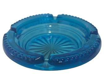 Vintage Blue Glass Ashtray Textured Sunburst Design 4.5&quot; Mid-Century Modern