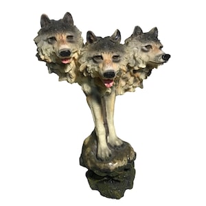 Three Wolf Heads On Rock Base Sculpture Figurine Resin Home Decor Ornament 9.5 inches tall Animals Wildlife Collectable