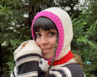 Winter Hats Knitting Balaclava Pink & Coral Lined Color, Vegan gift