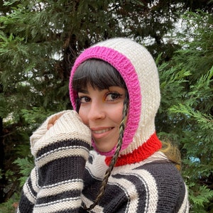 Winter Hats Knitting Balaclava Pink & Coral Lined Color, Vegan gift