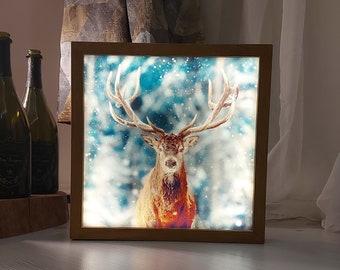 Christmas Deer Light Box, Handcrafted Wooden Light Boxes Illuminate Space with Customizable LED Art, Animal Night Light Lamp, New Year Gift
