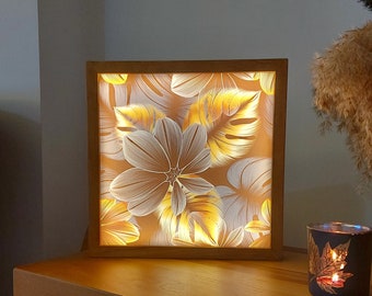 Caja de luz de flores, lámpara LED, lámpara de madera iluminada, caja de luz de madera, artículo de regalo, lámpara, decoración de madera, lámpara de madera decorativa, luz nocturna decorativa