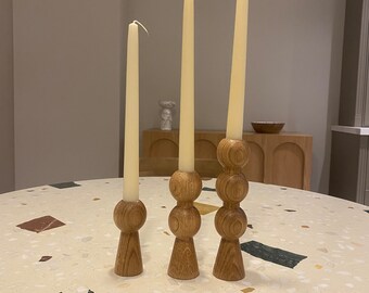 Artistic Oak Candle Set for Stylish Dining Room Ambiance, Bohemian Oak Candle Holder Set of 3 for Elegant Home Decor, Tabletop Decoration
