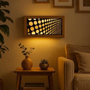 May include: A rectangular wooden framed light fixture with a black background and a pattern of yellow circles. The fixture is mounted on a beige wall, with a small wooden side table and a sofa in the foreground.