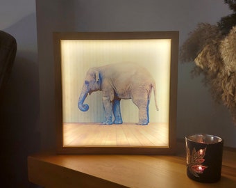 Decorative Night Light, Elephant Wooden Light Box, Animal Figure Decorative Lamp, A Symbol of Wisdom and Strength, Nature with Wood Lamp