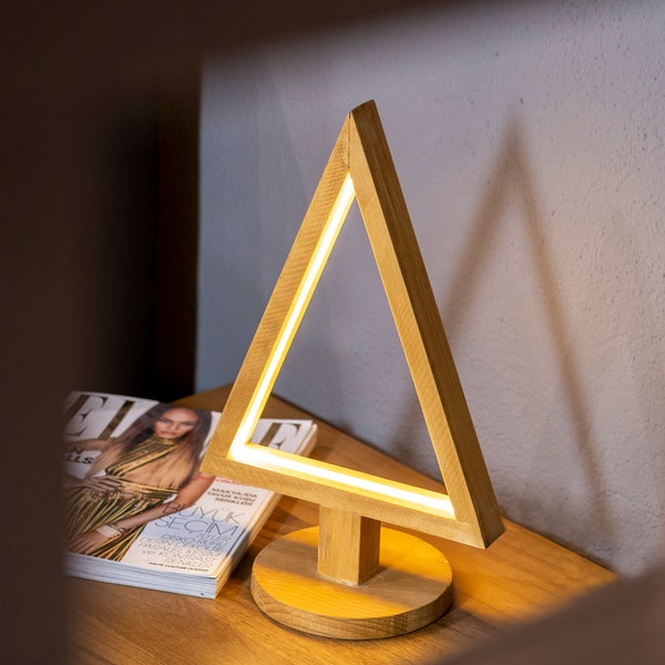 Modern Table Lamp, Triangle Wooden LED Design, Night Stand Lamp, Contemporary Wooden Light, Wood Lamp for Bedroom, Unique Triangle Shape
