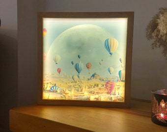 Wood Balloon Light Box for Home Decor, Decorative Wooden Lamp with Balloon Design, Whimsical Balloon Wood Artwork, LED Balloon Light Box