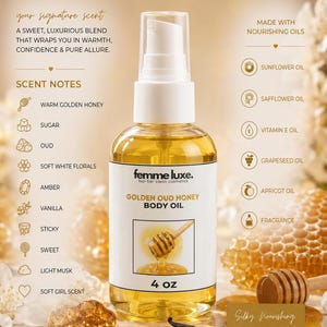 May include: A clear plastic spray bottle of Femme Luxe Golden Oud Honey Body Oil, 4 oz. The label features the product name, a honey dipper graphic, and lists scent notes including honey, sugar, oud, florals, amber, vanilla, and musk.
