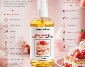 Strawberry Shortcake Body Oil, Vegan Moisturizing Formula, Glowing Skin, Lightweight Drying Oil