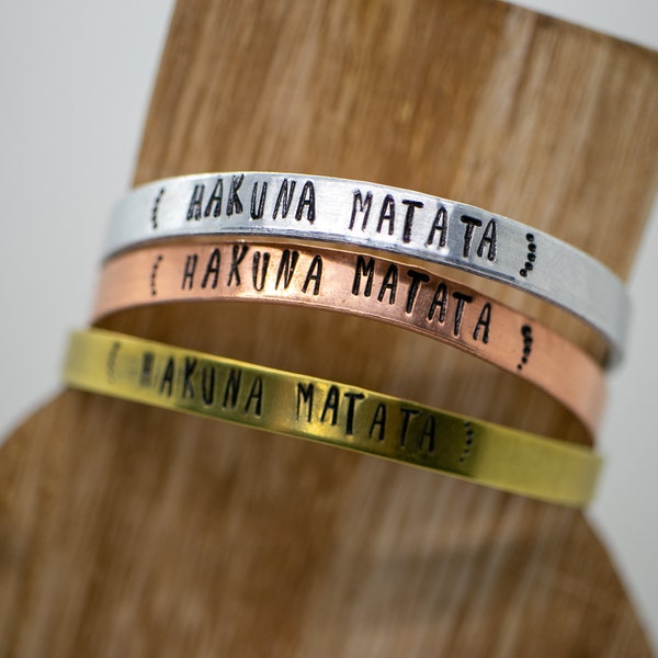 Hakuna Matata Hidden Message Bracelet, no worries bangle,  Handstamped Lion King Bangle, Disney Inspired Jewelry, Stackable quote bracelet