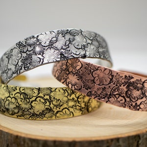 Floral Stamped Metal Cuff, Flower bangle, stackable bracelets, nature jewelry, western accessories, hand stamped metal jewelry
