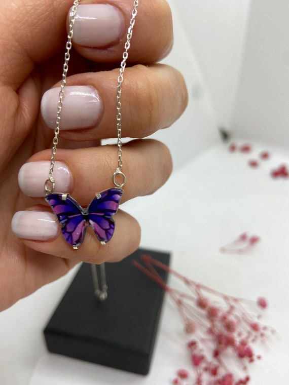 925 Sterling Silver Enameled Purple Butterfly Necklace Animal