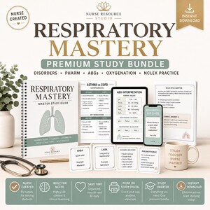Op de afbeelding: Een uitgebreide studiebundel voor ademhalingsbeheersing, met een spiraalgebonden gids, flashcards en digitale bronnen. Behandelt onderwerpen als aandoeningen, farmacologie, ABG's en NCLEX-oefeningen. Gemaakt door verpleegkundigen voor verpleegkundestudenten.