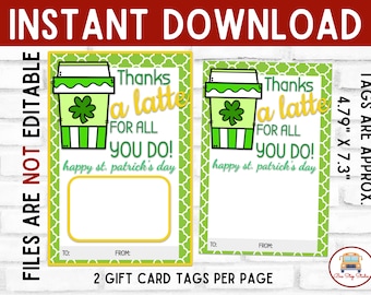 Porta-cartão-presente para impressão de café do Dia de São Patrício, porta-cartão-presente para professores, ideias para presentes para funcionários, presente para funcionários, etiqueta de obrigado com café com leite, etiqueta para presente